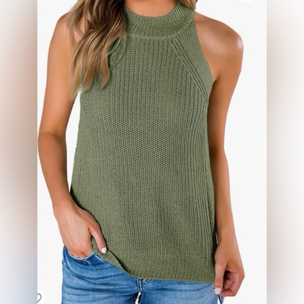 Olive Green Knit Halter Sleeveless Sweater Tunic Tank Top